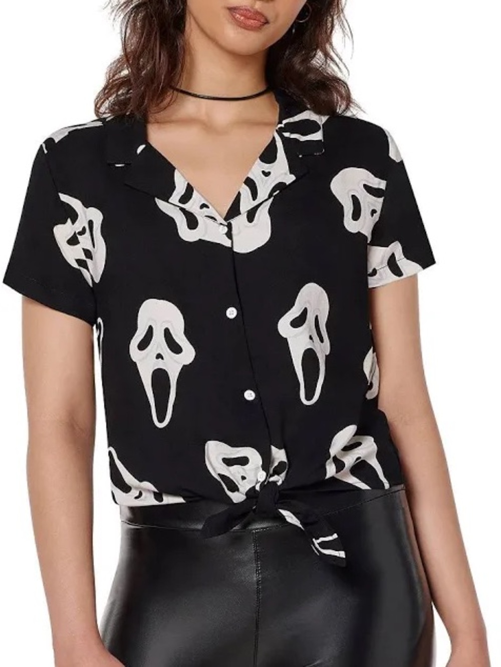 Ghost Face Scream Women’s Black Short-Sleeve Tie-Front Top with Ghost Print